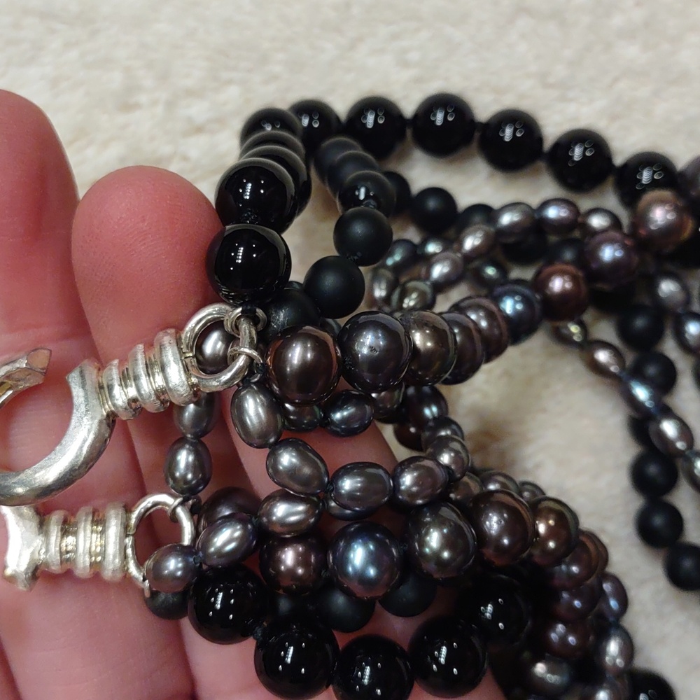 Black Onyx Multi-Strand, Black Gray Pearl Bead Necklace - Picture 4 of 8